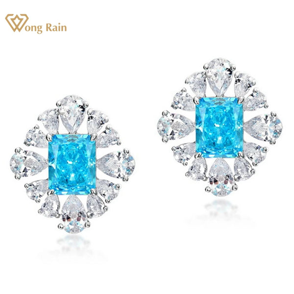 Wong Rain 925 Sterling Silver Crushed Ice Cut 7*9MM Aquamarine High Carbon Diamond Gemstone Ear Studs Earrings for Women Jewelry