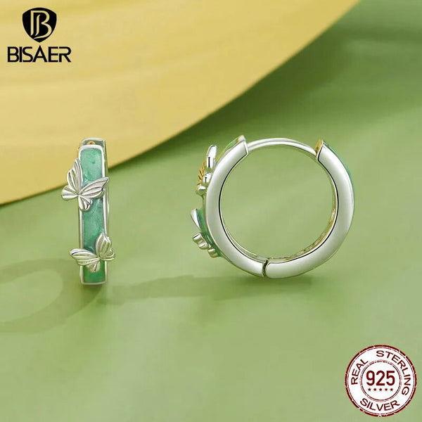 925 Sterling Silver Green Butterfly Hoop Earrings with Platinum Plating for Women