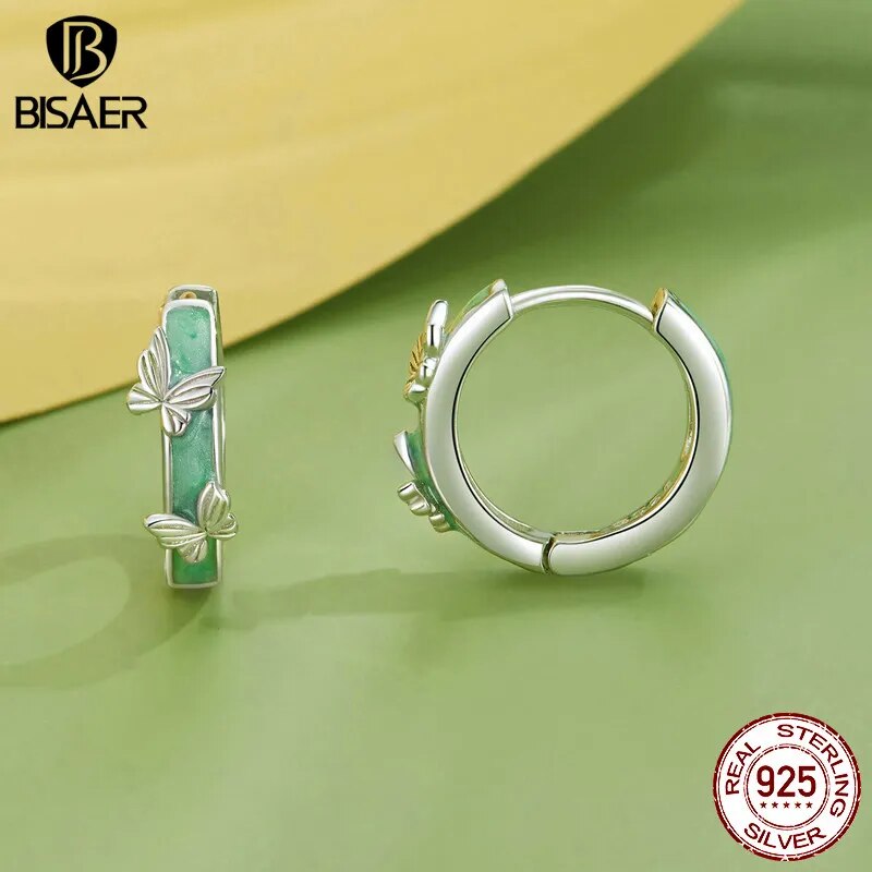 925 Sterling Silver Green Butterfly Hoop Earrings with Platinum Plating for Women