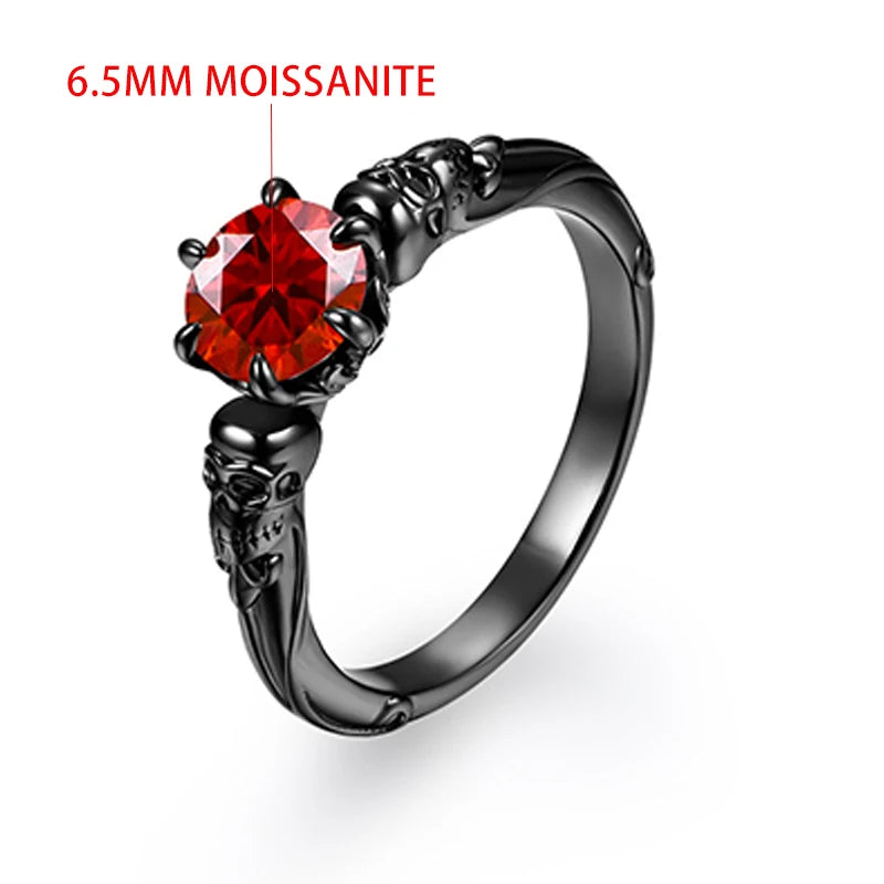 925 Sterling Silver Red Moissanite Skull Ring for Women