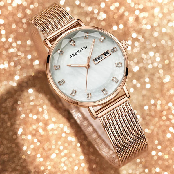 Rose Gold Quartz Round Watch with Diamond Mesh Strap for Women