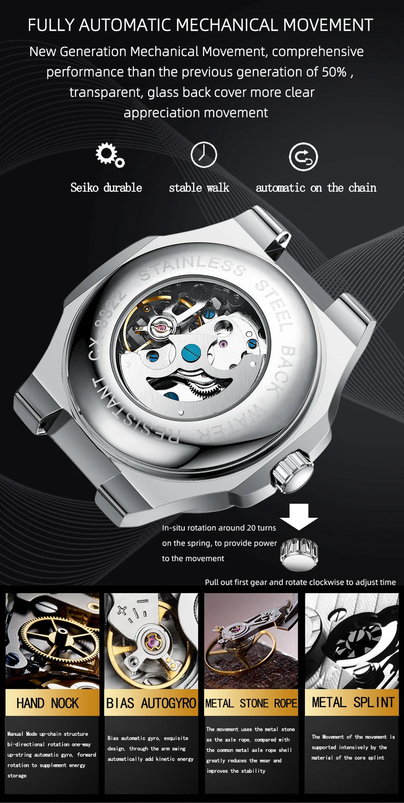 Stainless Steel Automatic Luminous Mechanical Wristwatch for Men