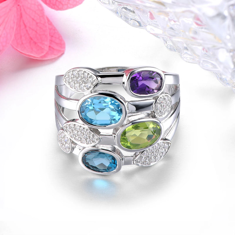 Solid Silver 4.2 ctw Blue Topaz Peridot Amethyst Ring for Women