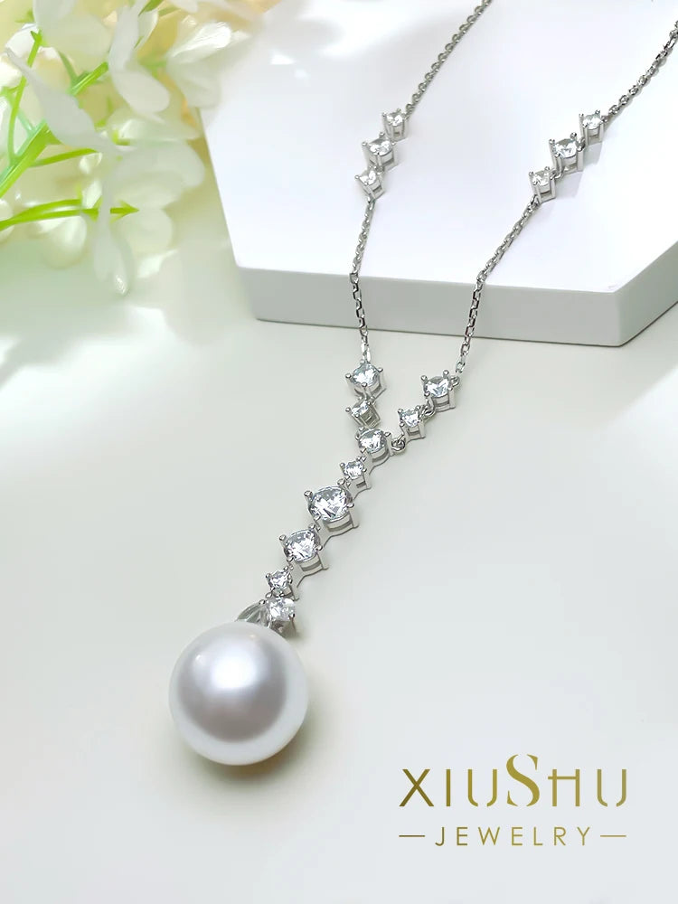 925 Sterling Silver Pearl Necklace with High Carbon Diamonds for Women