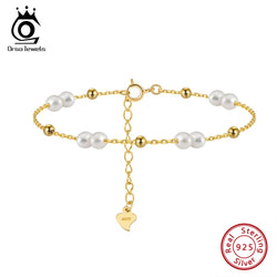 925 Sterling Silver Pearl Chain Bracelet with 14K Gold Pearl Beads for Women