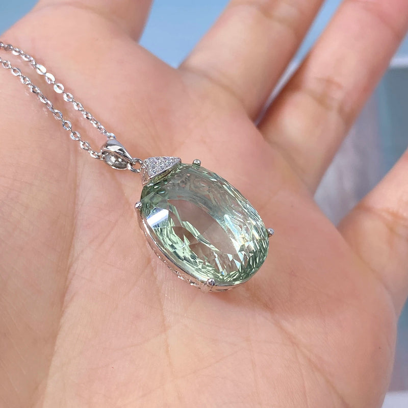 925 Sterling Silver Natural Green Crystal Oval Pendant for Women