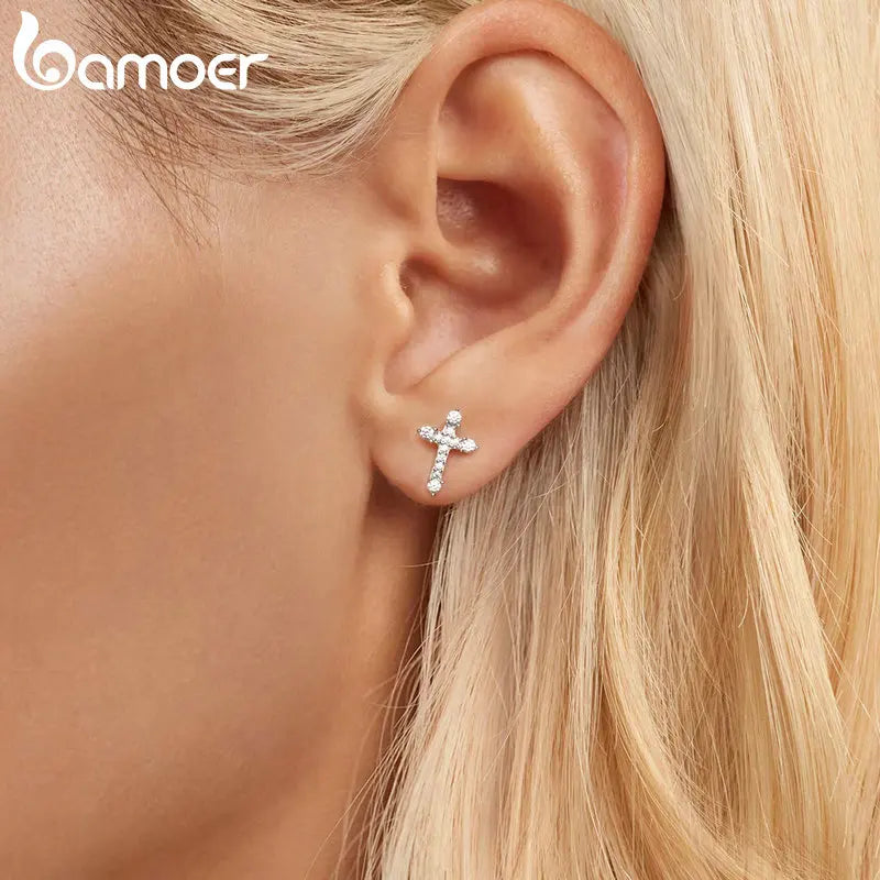 Platinum Plated Sterling Silver Cross Stud Earrings with CZ 925.