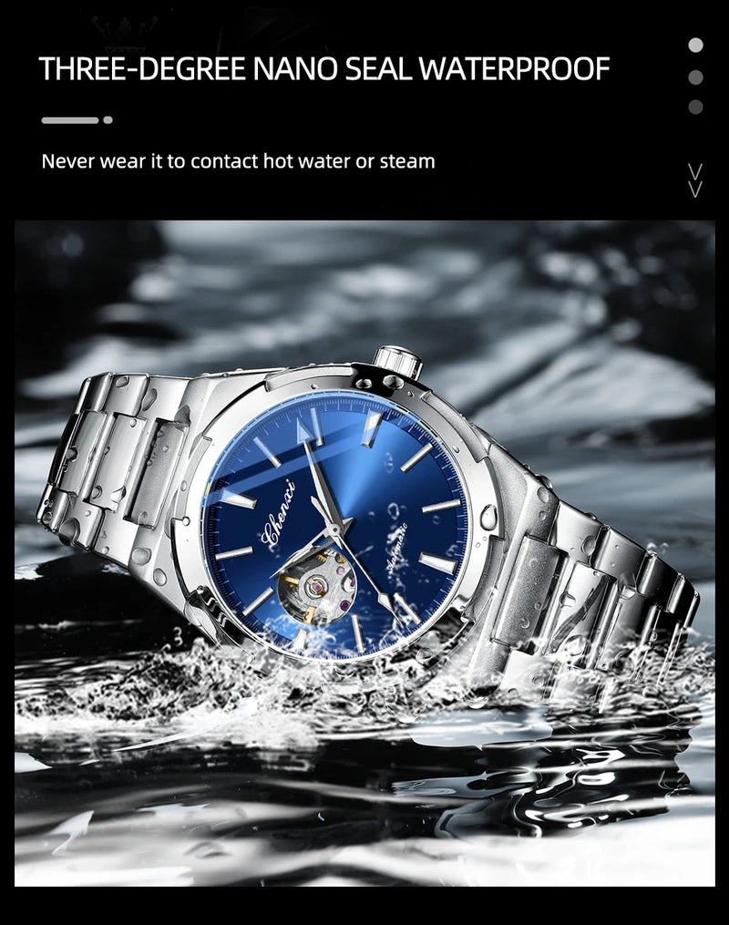 Stainless Steel Automatic Mechanical Hollow Skeleton Watch for Men