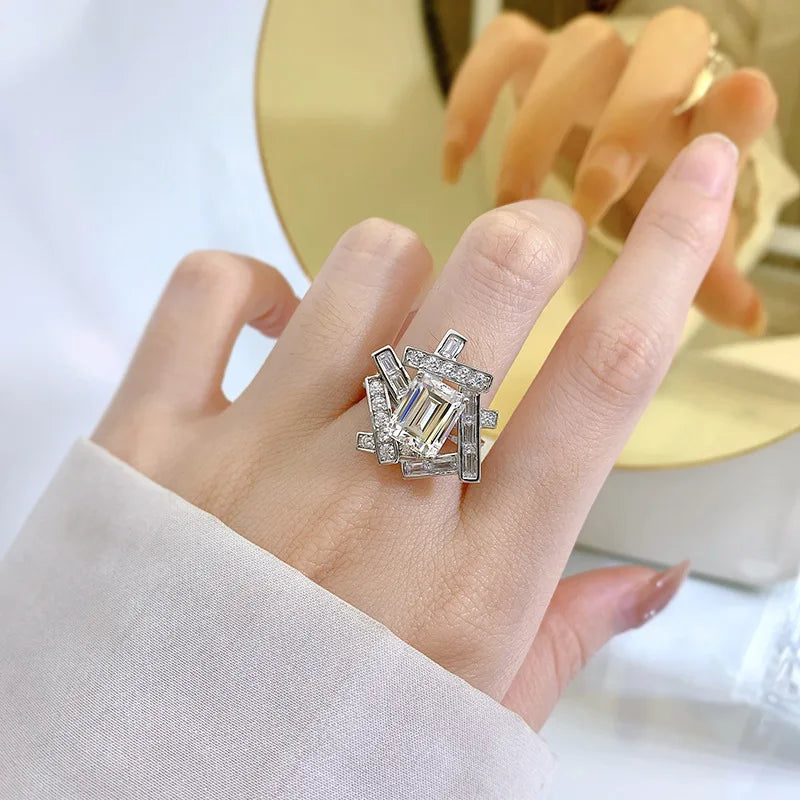 Sterling Silver 4 Carat Emerald Cut Diamond Geometric Ring for Women