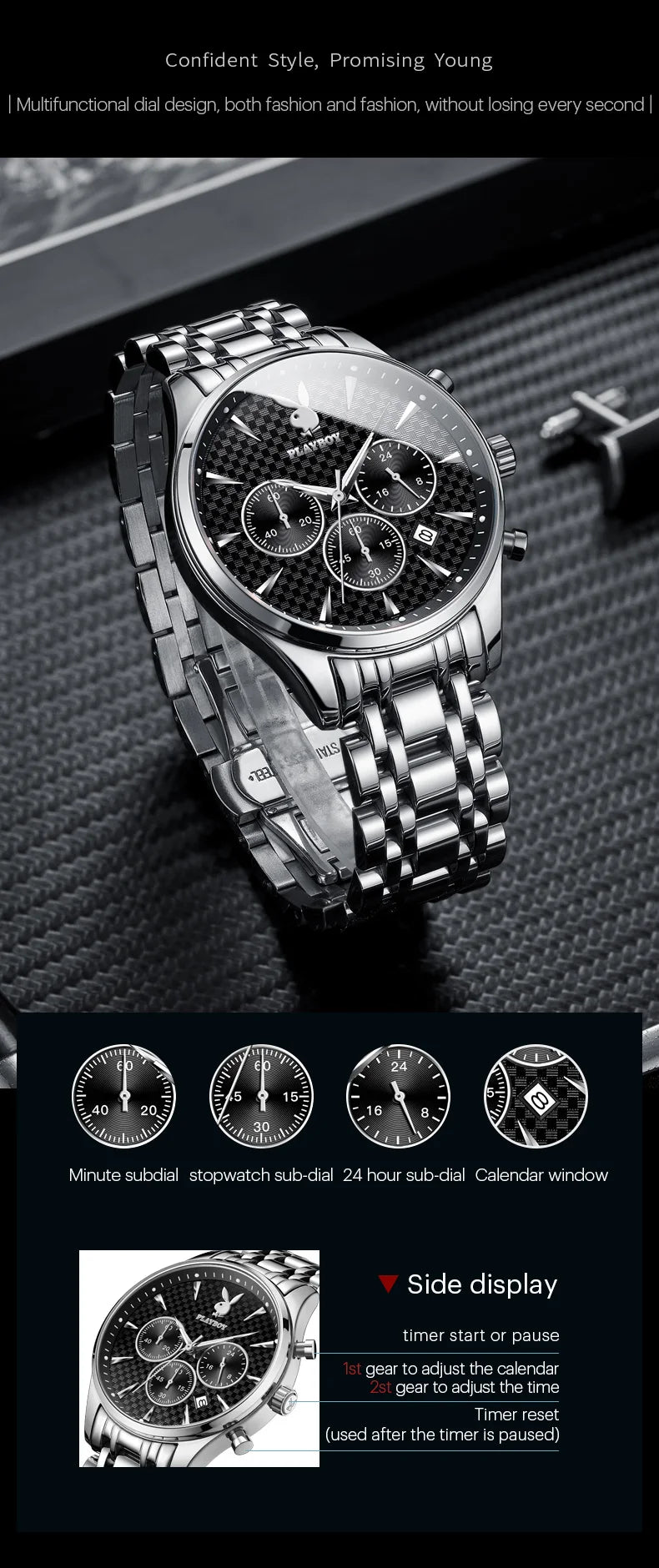 Stainless steel multifunctional quartz watch for men