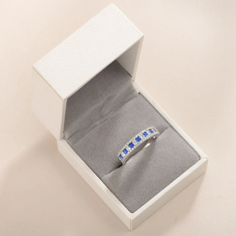 925 Sterling Silver White Blue Sapphire Princess Zircon Eternity Ring for Women