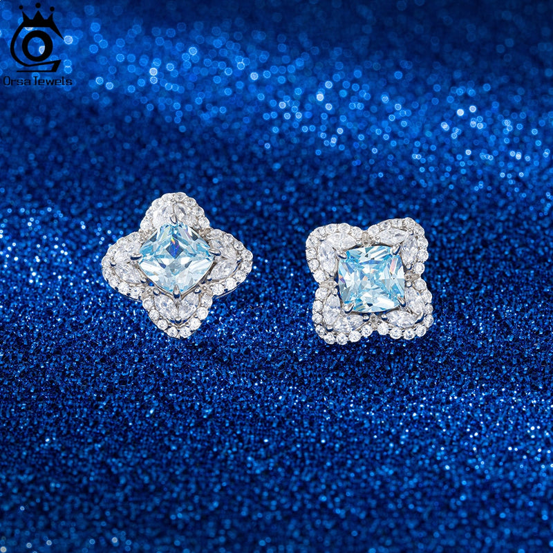 925 Sterling Silver Aquamarine CZ Stud Earrings for Women