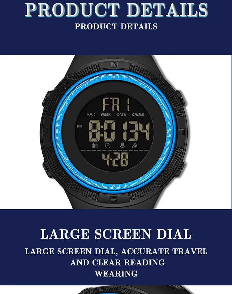 Stainless Steel Digital Sports Watch with Step Counting and Alarm for Men.