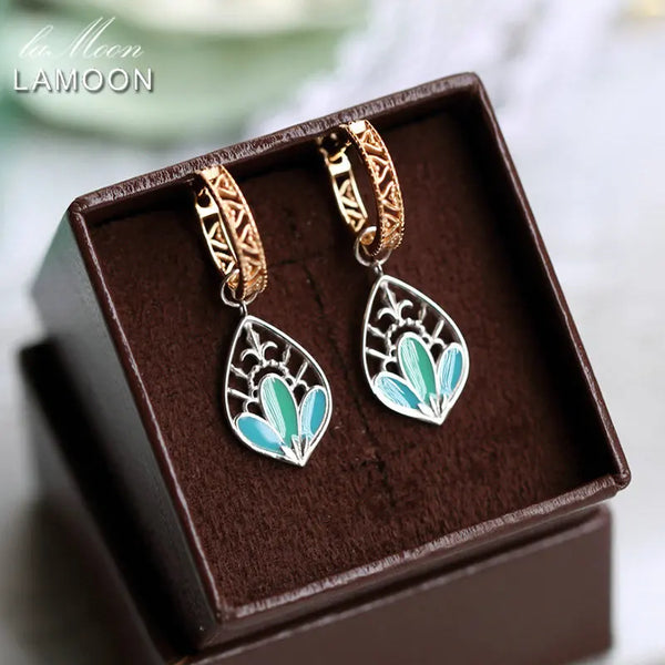 Sterling Silver Drop Earrings with Enamel Peacock Feather Pattern for Women