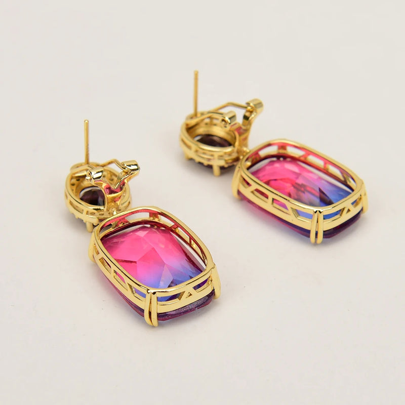 Gold Plated Natural Gradient Red Purple Crystal Rectangle Zircon Stud Earrings for Women