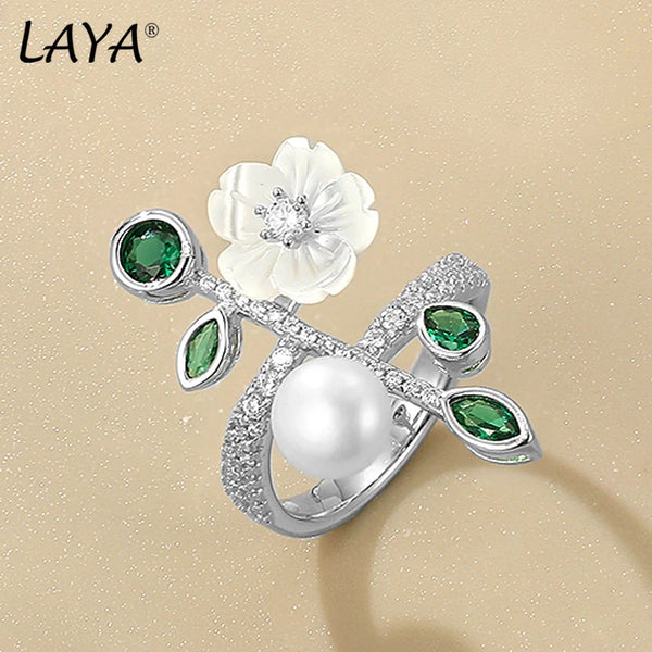 925 Sterling Silver White Shell Flower Ring with Green Zircon & Pearl for Women