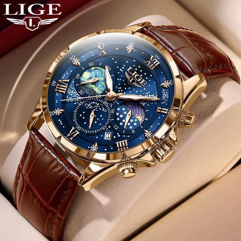 Stainless Steel Leather Luxury Casual Quartz Watch with Date Chronograph for Men