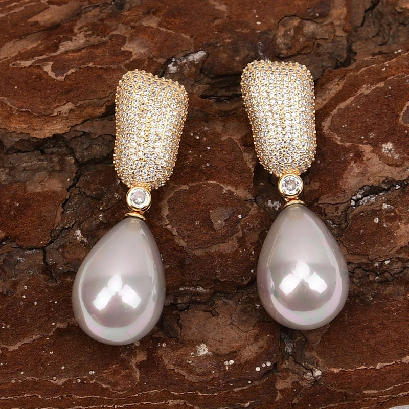 Gold Plated Natural Gray Sea Shell Pearl Teardrop CZ Earrings for Women