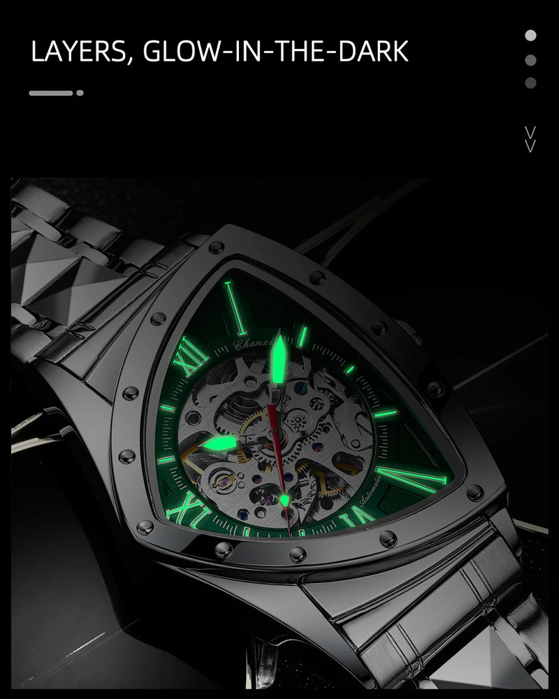 Stainless Steel Automatic Triangle Mechanical Luminous Waterproof Watch for Men