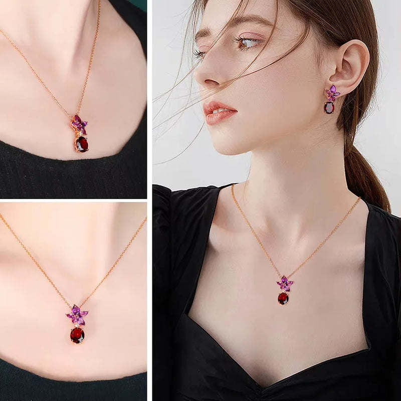 Sterling Silver Amethyst Garnet 5.45ct Stone Flower Pendant for women