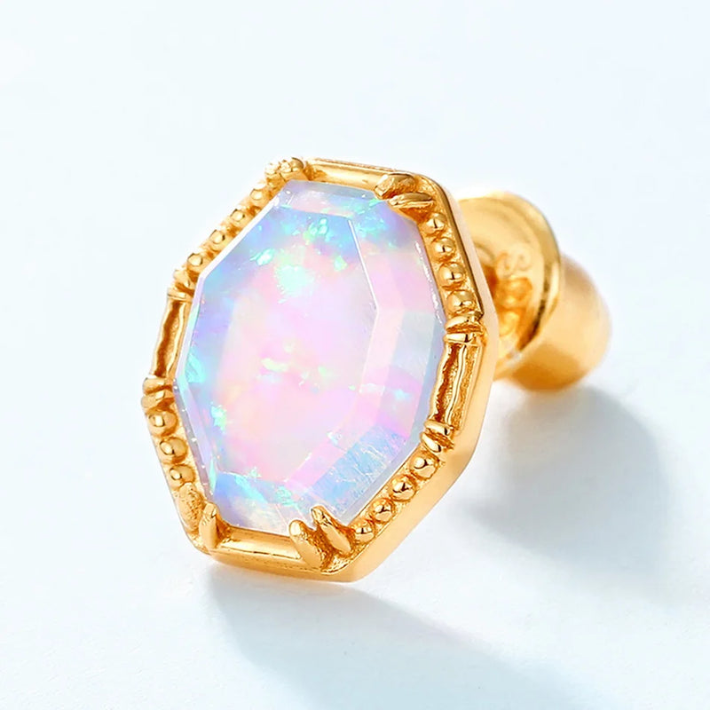 Sterling Silver Synthetic Opal Stud Earrings for Women 7x9mm Gold Plated