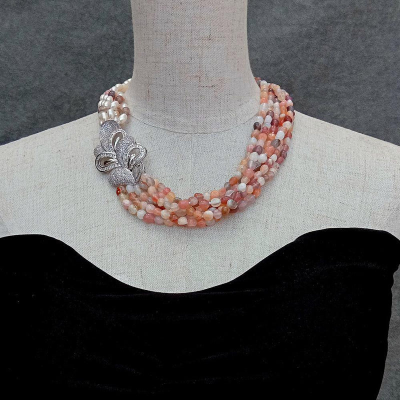 Y.YING 6 Rows Cultured White Rice Pearl Pink Agate Cz Pave Flower Pendant Necklace Fashionable Jewelry