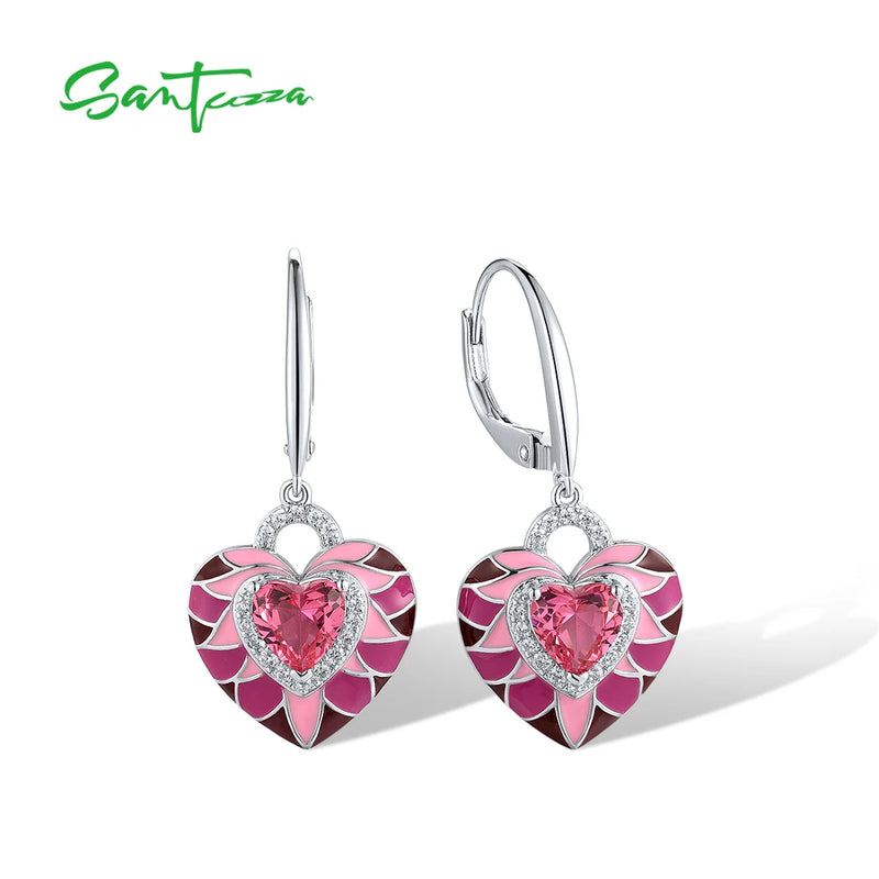 925 Sterling Silver Pendant Earrings Ring with White CZ and Pink Heart Enamel