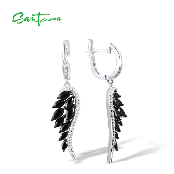 Sterling Silver Black Spinel & White CZ Angel Wing Dangle Earrings for Women