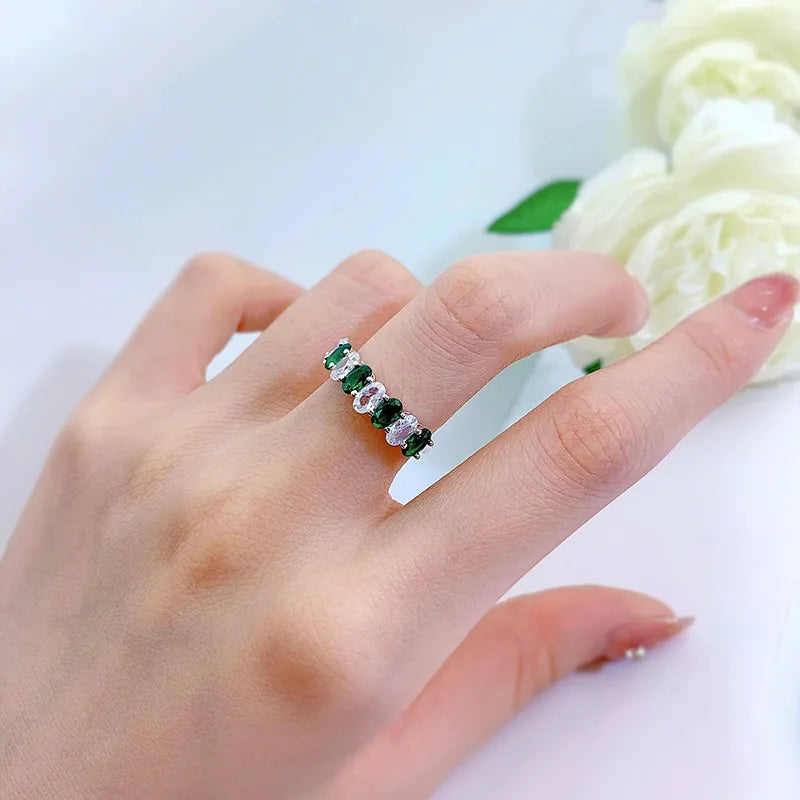 925 Sterling Silver Half Eternity Ring with Emerald Cubic Zirconia for Women