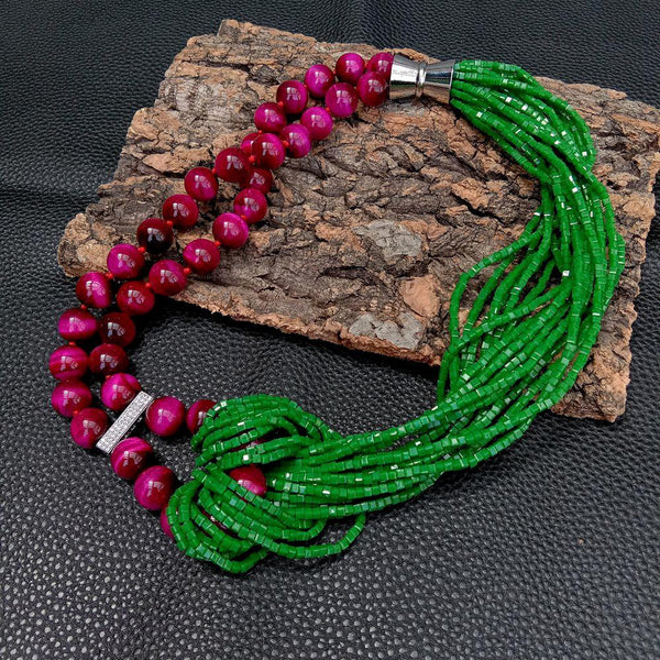 Y.YING 2 Rows Fuchsia Tiger Eye 18 Rows Green Crystal Statement Necklace For Women