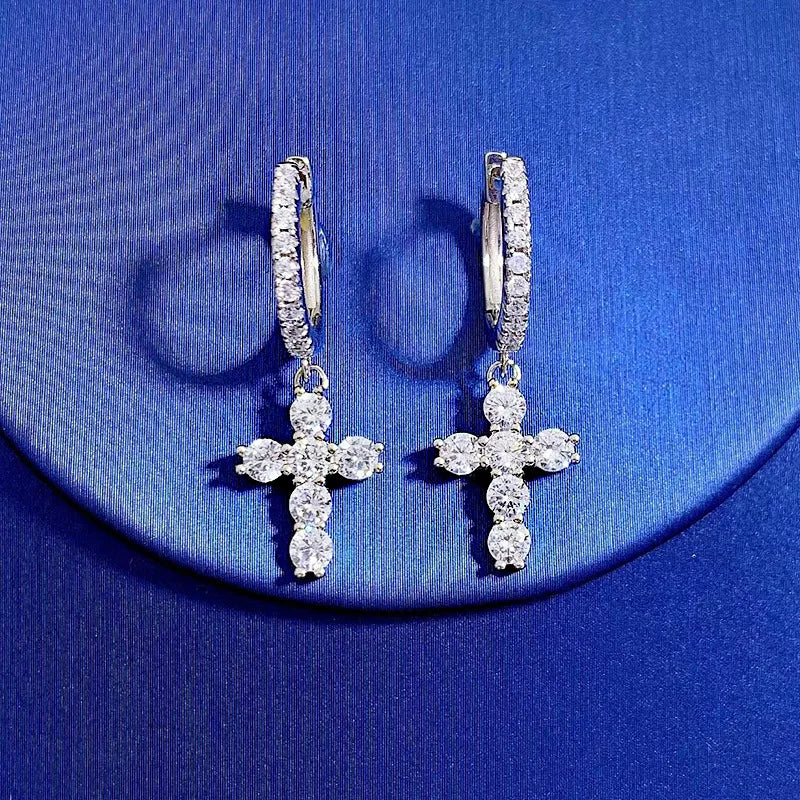 S925 Silver High Carbon Diamond Cross Earrings for Women