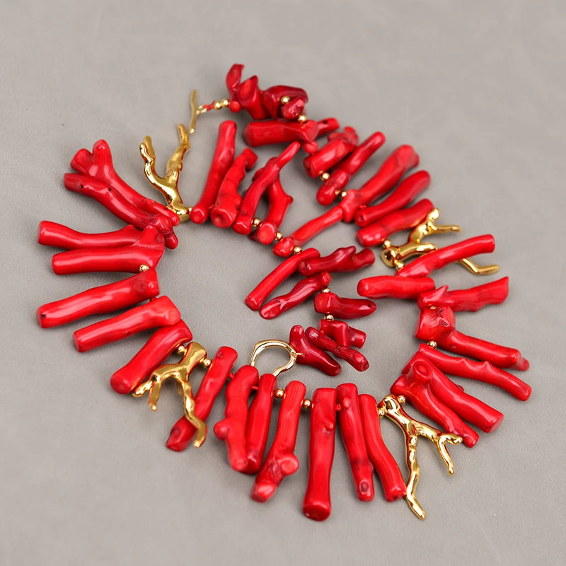 Gold Filled Natural Red Coral Branch Pendant Necklace for Women