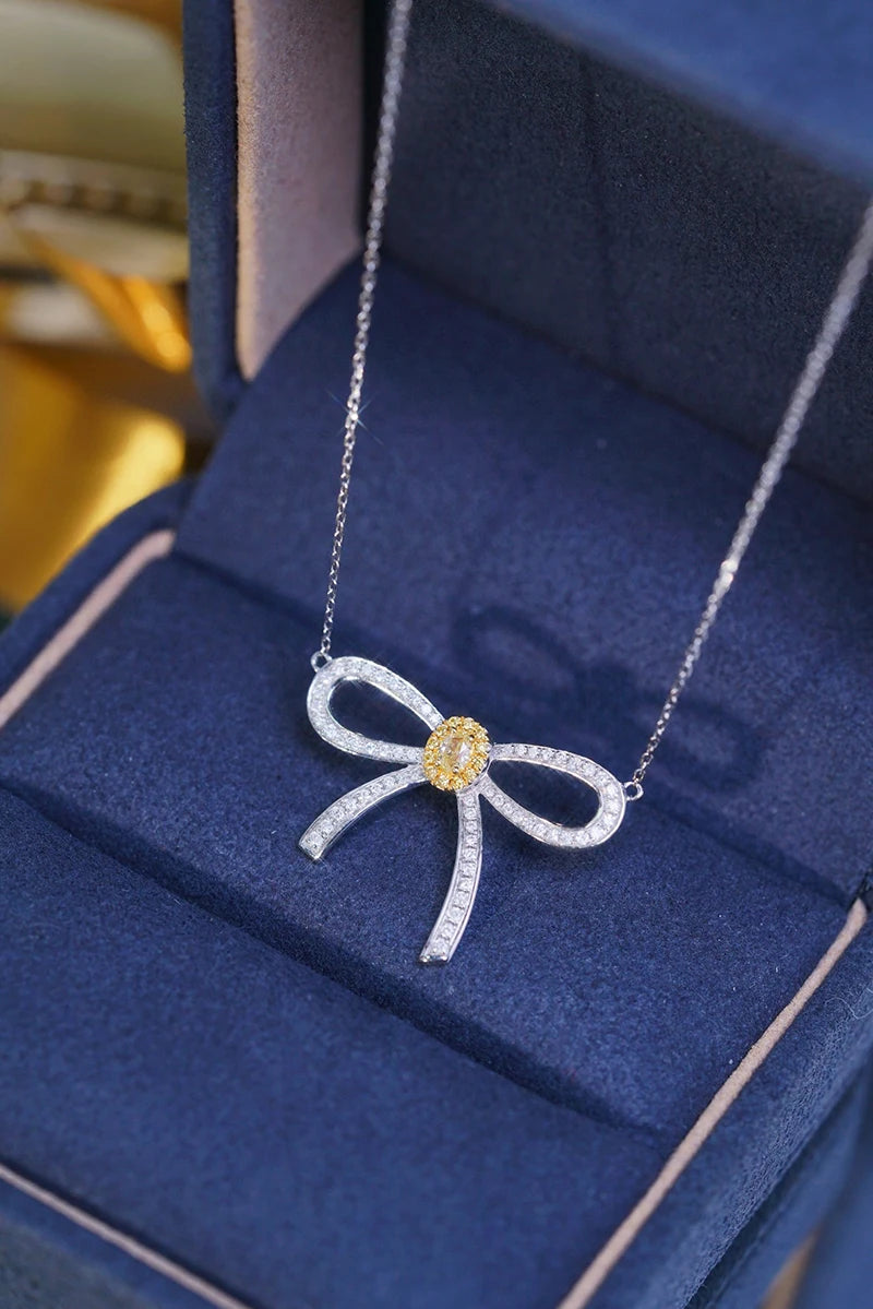 18K White Gold Yellow Diamond Bowknot Pendant Necklace for Women