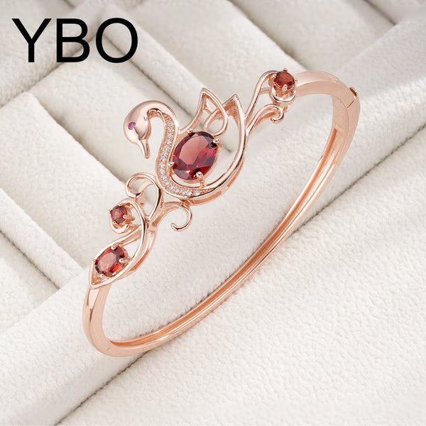 18K Rose Gold Plated Hollow Out Swan Animal Bangles with Red Garnet Gemstone for Women