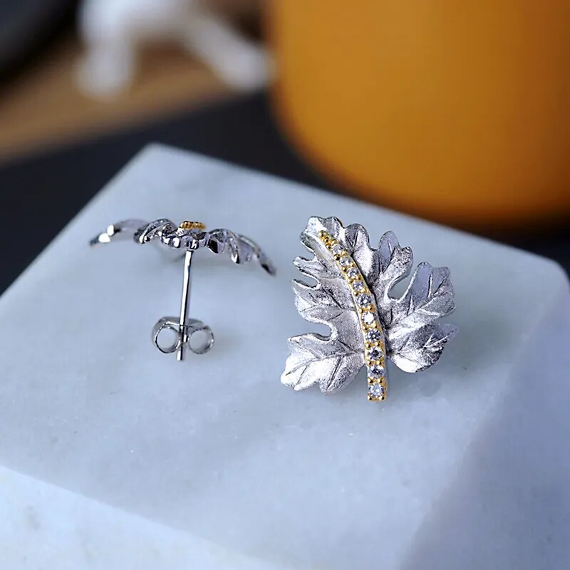 Sterling Silver Maple Leaf Brushed Stud Earrings for Women