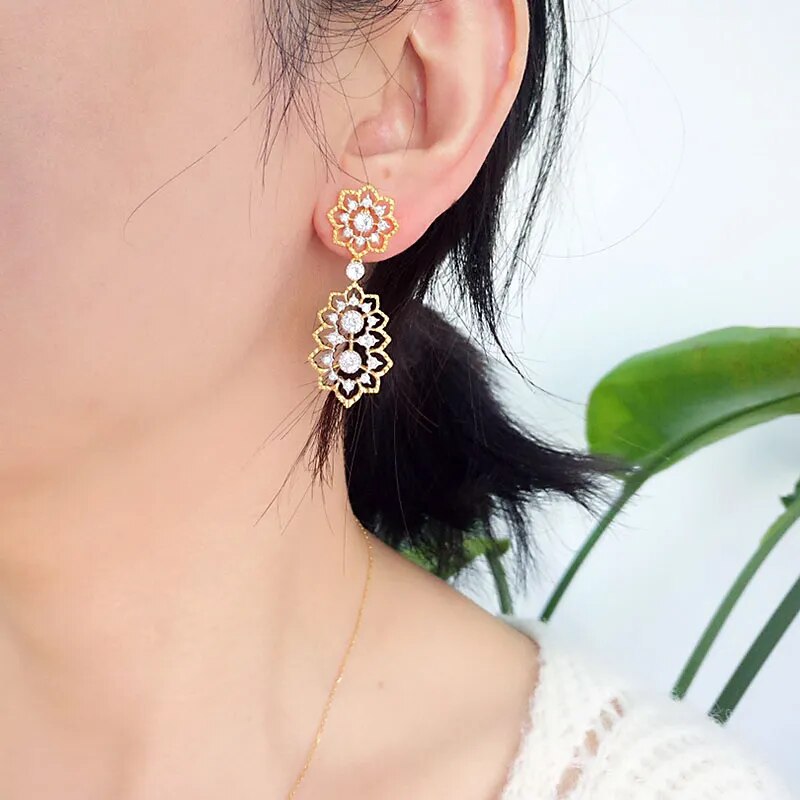 925 Sterling Silver Carved Lace Drop Earrings for Women