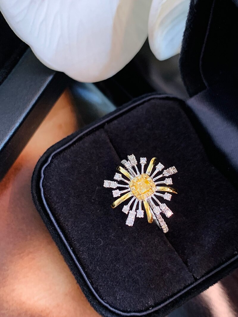 18K White Gold 1.00ct Natural Yellow Diamond Flower Shape Ring for Women