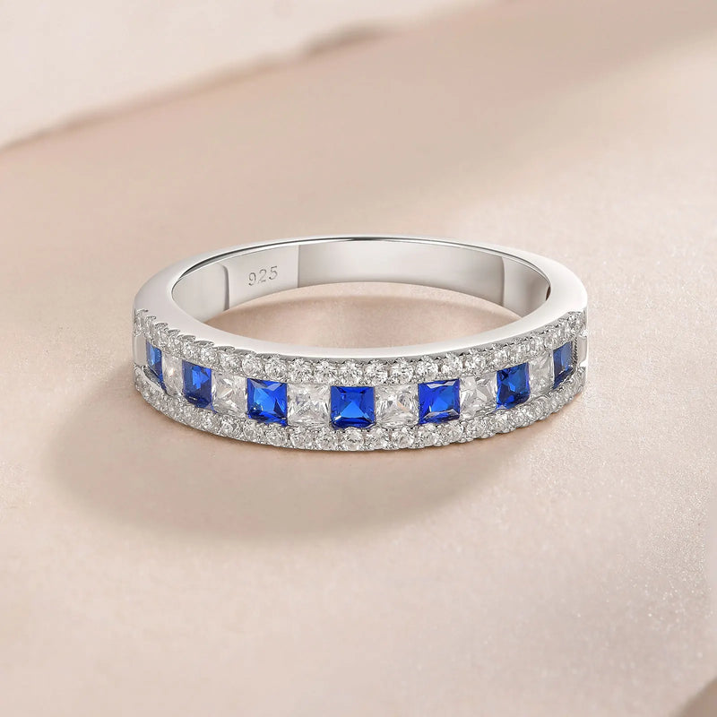 925 Sterling Silver White Blue Sapphire Princess Zircon Eternity Ring for Women