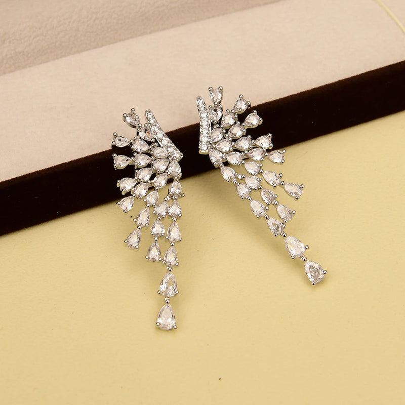 Silver Feathers Dangle Earrings with Shiny CZ Stone for Women