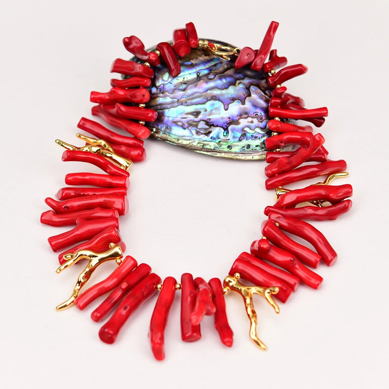 Gold Filled Natural Red Coral Branch Pendant Necklace for Women