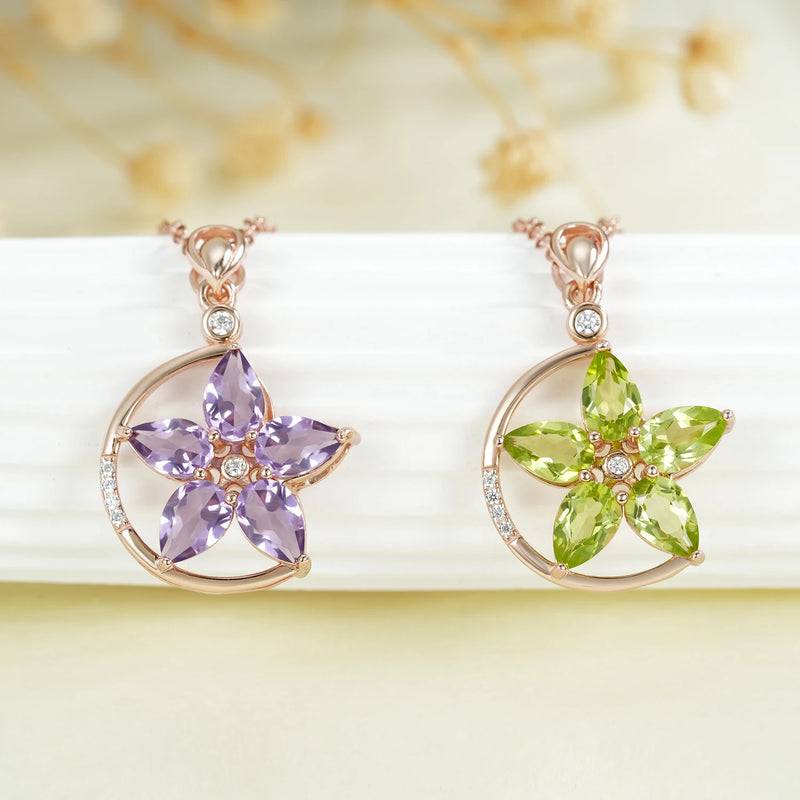 Rose Gold Plated 925 Sterling Silver Green Purple Garnet Flower Pendant Necklace for Women