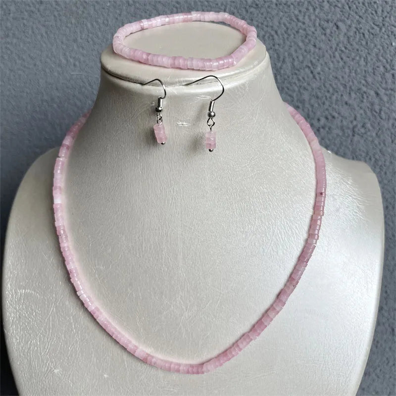 Sterling Silver Pink Quartz Necklace, Earrings, Bracelet & Choker Set for Women