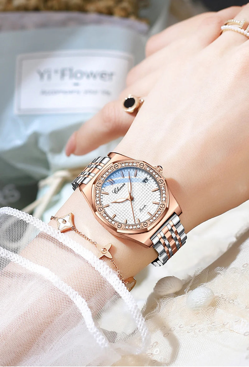 Fashion Diamond-Accented Leather Watch for Women