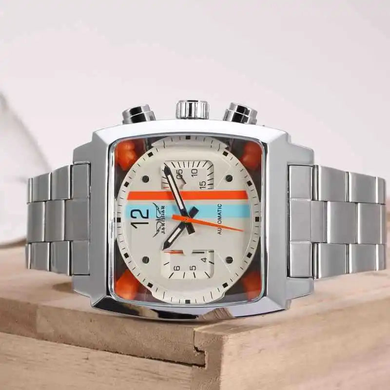 Stainless Steel Square Automatic Mechanical Watch with Date and Week for Men