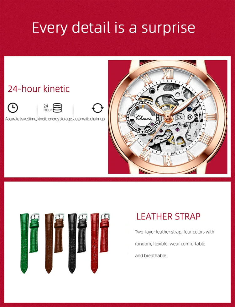 Leather Waterproof Automatic Hollowed Vibrato Watch for Women