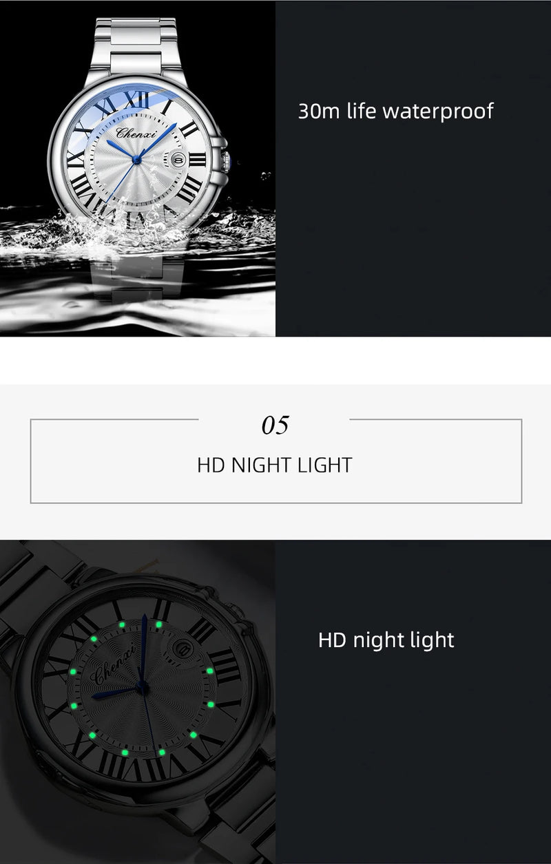 Stainless Steel Silver Waterproof Luminous Quartz Calendar Watch for Men