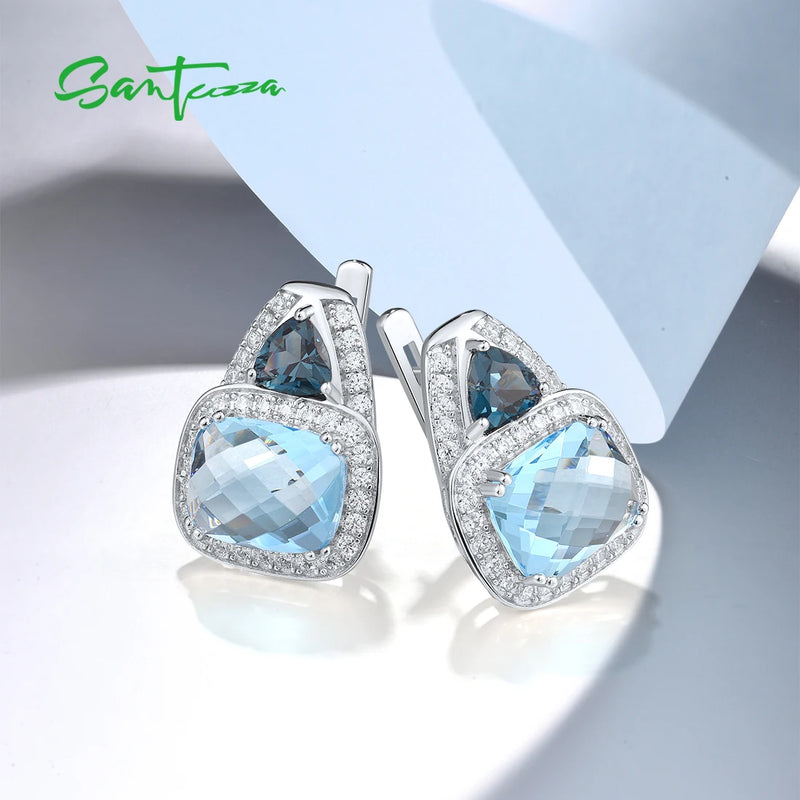 Sterling Silver Geometric Earrings with Blue Stone and Cubic Zircon for Women