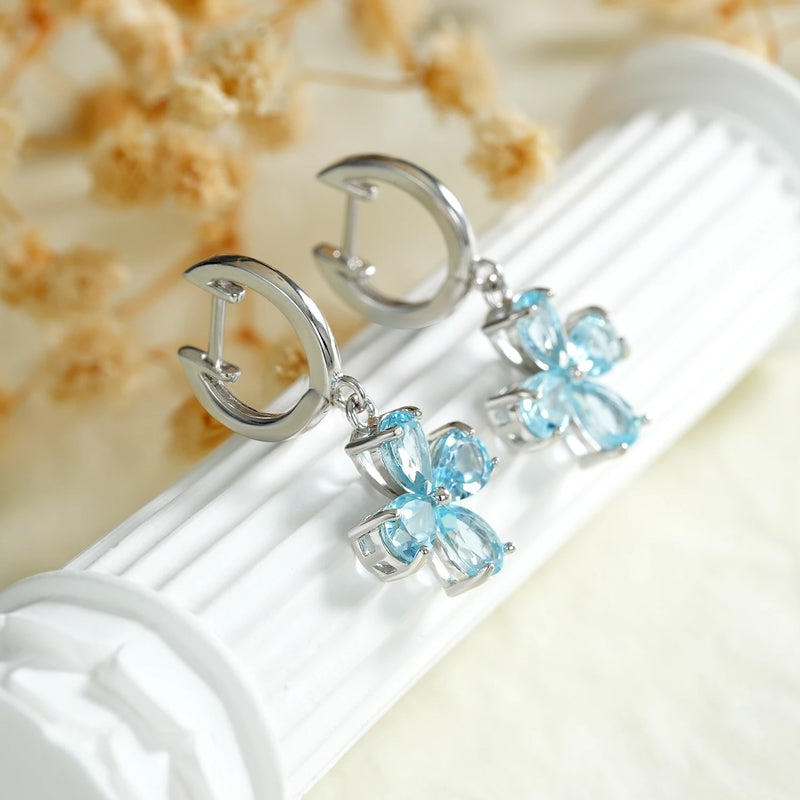 925 Sterling Silver Blue Topaz Dangle Earrings with Flower Design for Women