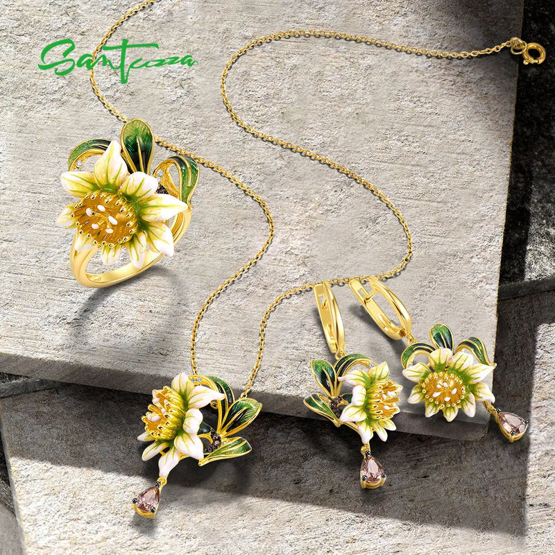 925 Sterling Silver Enamel Flower Jewelry Set for Women