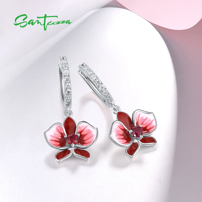 Sterling Silver CZ & Created Ruby Enamel Flower Drop Earrings For Women